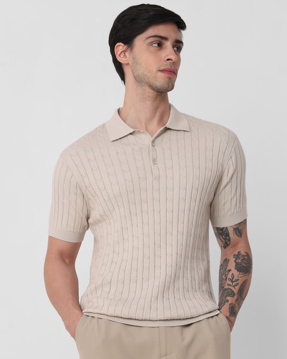 Beige Self Stripe Flatknit Slim Fit Polo