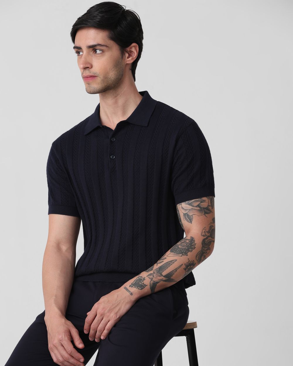 Navy Self Stripe Flatknit Slim Fit Polo