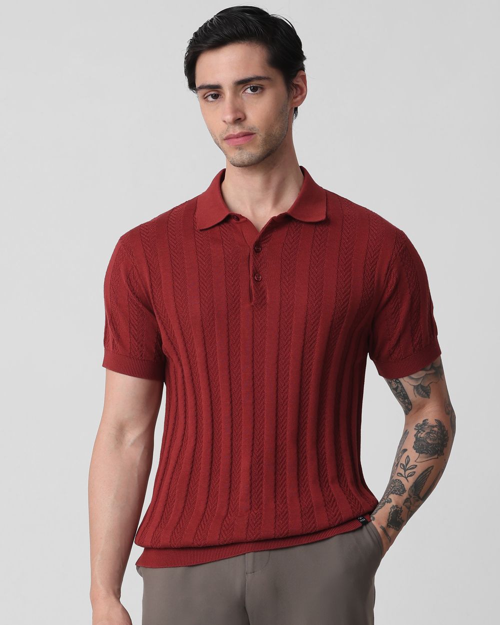 Rust Self Stripe Flatknit Slim Fit Polo