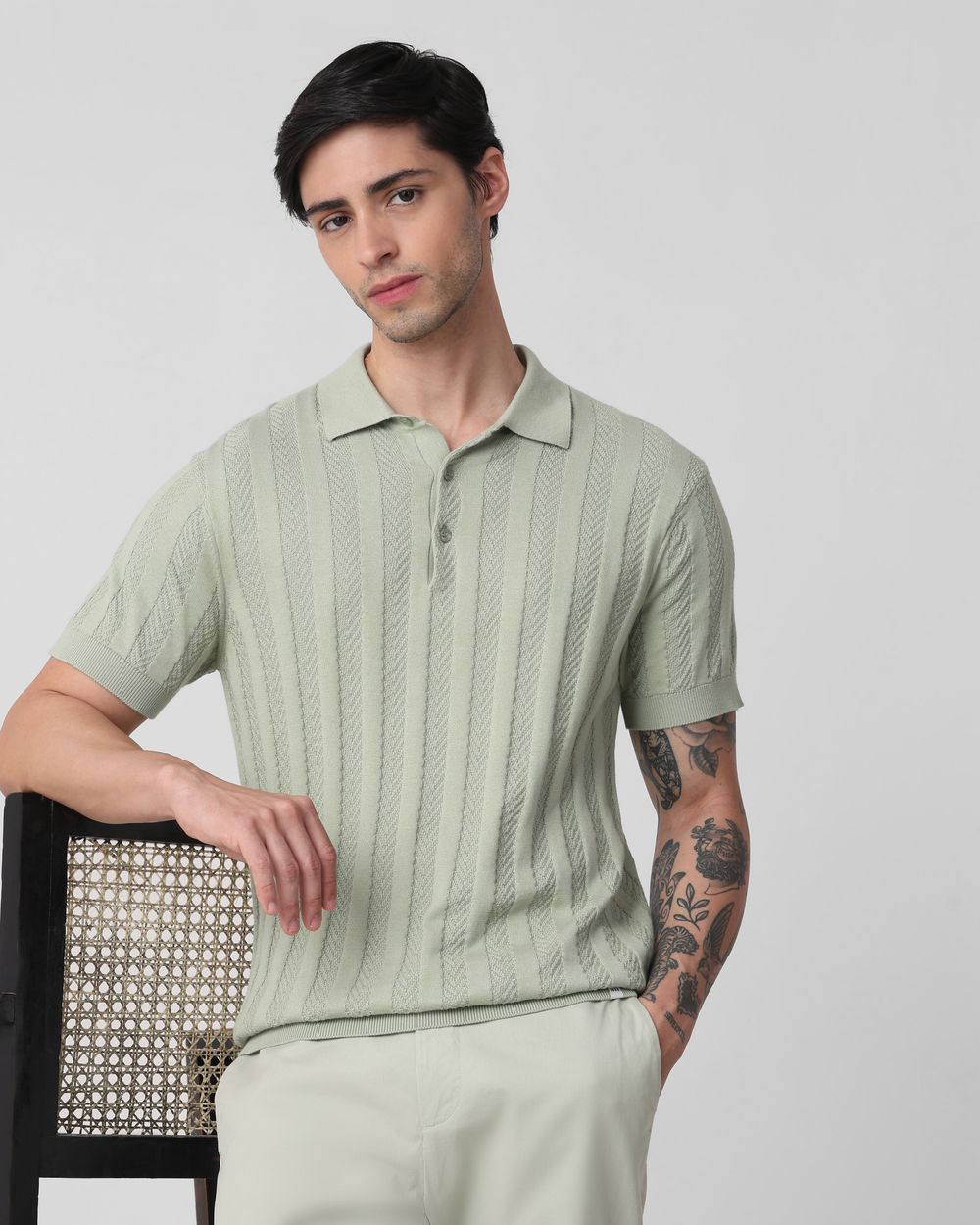 Light Olive Self Stripe Flatknit Slim Fit Polo