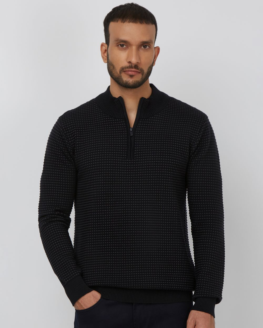 Navy Mock Neck Plain Slim Fit Sweater