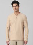 Beige Textured Plain Full Sleeve Casual T-Shirt