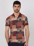 Red Patchwork Print Slim Fit Pique T-Shirt