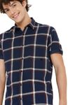 Navy & White Cotton Linen Check Slim Fit Casual Shirt
