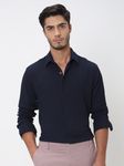 Navy Textured Plain Slim Fit Casual Shirt