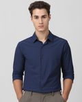Navy Stretch Plain Slim Fit Casual Shirt