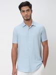 Light Blue Textured Viscose Blend Plain Slim Fit Casual Shirt