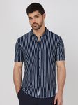 Navy Knitted Stripe Slim Fit Casual Shirt