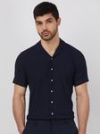 Navy Textured Plain Relaxed Fit Casual Shirt