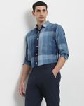 Mid Blue Denim Check Slim Fit Casual Shirt