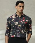 Dark Green Floral Print Slim Fit Casual Shirt