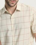 Beige Textured Check Slim Fit Casual Shirt