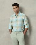 Light Blue Seersucker Check Slim Fit Casual Shirt