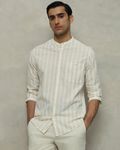 Beige Cotton Linen Stripe Slim Fit Casual Shirt