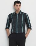 Dark Green Satin Stripe Slim Fit Casual Shirt