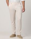 Beige Slim Fit Jersey Flat Front Pants Trousers