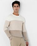 Beige Color-Blocked Slim Fit Sweater