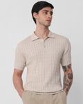 Beige Self Stripe Flatknit Slim Fit Polo