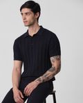 Navy Self Stripe Flatknit Slim Fit Polo