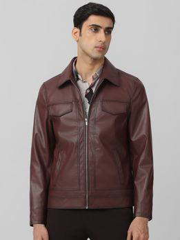 Maroon Faux Leather Biker Slim Fit Jacket