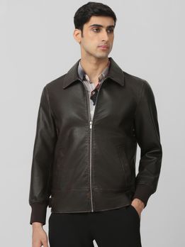 Brown Faux Leather Zip Thru Slim Fit Jacket