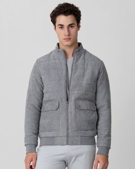 Grey Quilted Suede Slim Fit Jacket