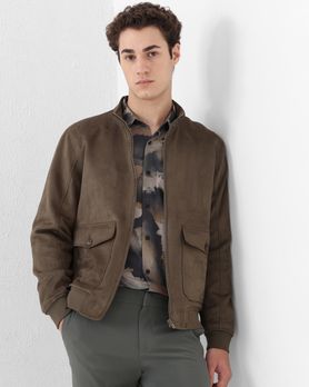 Olive Suede Bomber Slim Fit Jacket