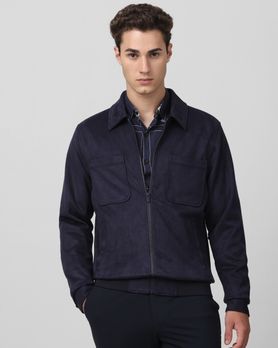 Navy Suede Jacket With Chest Pockets