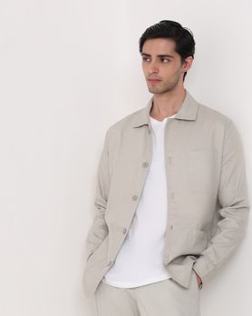 Grey Solid Button Down Relaxed Fit Jacket