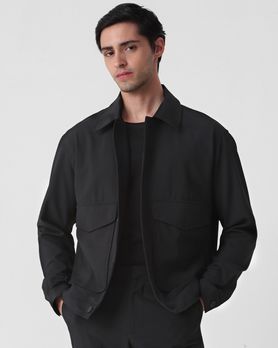 Black Solid Button Down Relaxed Fit Jacket