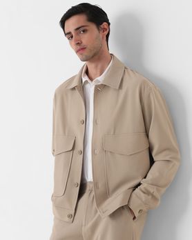 Beige Solid Button Down Relaxed Fit Jacket