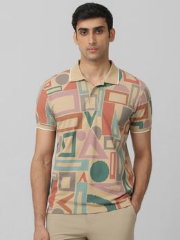 Beige Geometric Print Slim Fit Polo