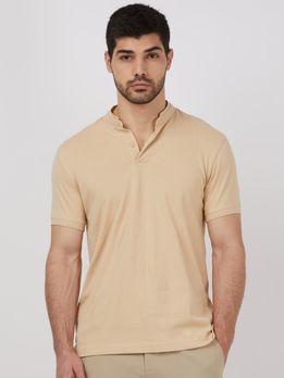 Beige Textured Plain Half Sleeve Casual Henley