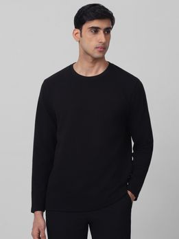 Black Textured Plain Long Sleeve T-Shirt