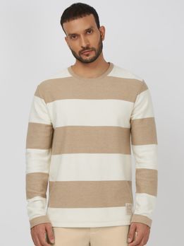Beige Textured Stripe Slim Fit Textured Jersey T-Shirt