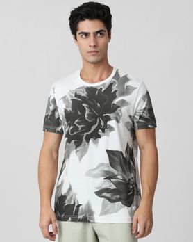 Grey Floral Print Slim Fit T-Shirt