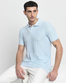 Light Blue Textured Plain Slim Fit T-Shirt