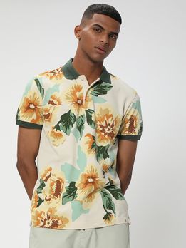 Off White & Green Floral Print Pique Polo T-Shirt