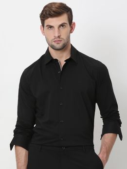 Black Stretch Plain Slim Fit Casual Shirt