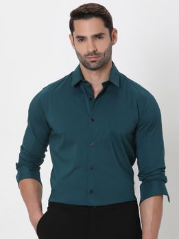 Green Stretch Plain Slim Fit Casual Shirt