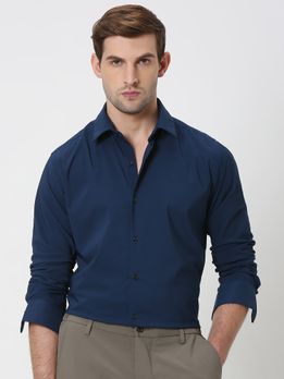 Navy Stretch Plain Slim Fit Casual Shirt