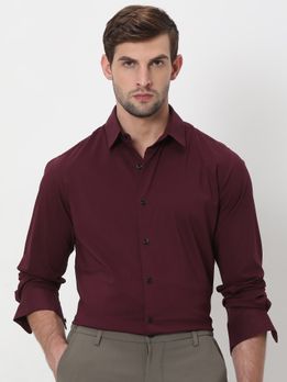 Maroon Stretch Plain Slim Fit Casual Shirt