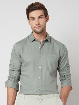 Light Olive Cotton Linen Plain Slim Fit Casual Shirt