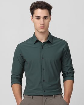 Green Stretch Plain Slim Fit Casual Shirt