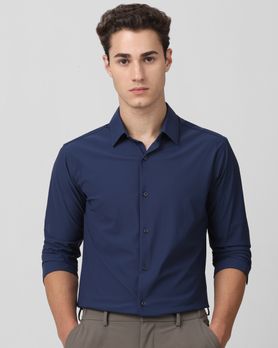 Navy Stretch Plain Slim Fit Casual Shirt