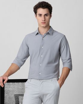 Light Grey Stretch Plain Slim Fit Casual Shirt