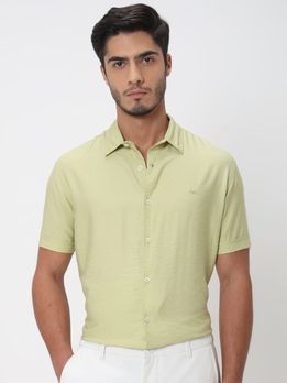 Light Green Textured Viscose Blend Plain Slim Fit Casual Shirt