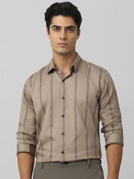 Khaki Satin Stripe Slim Fit Casual Shirt