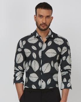 Dark Green Leaf Print Slim Fit Casual Shirt