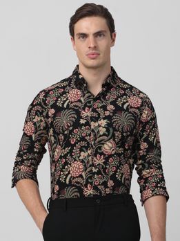 Black Printed Corduroy Slim Fit Casual Shirt